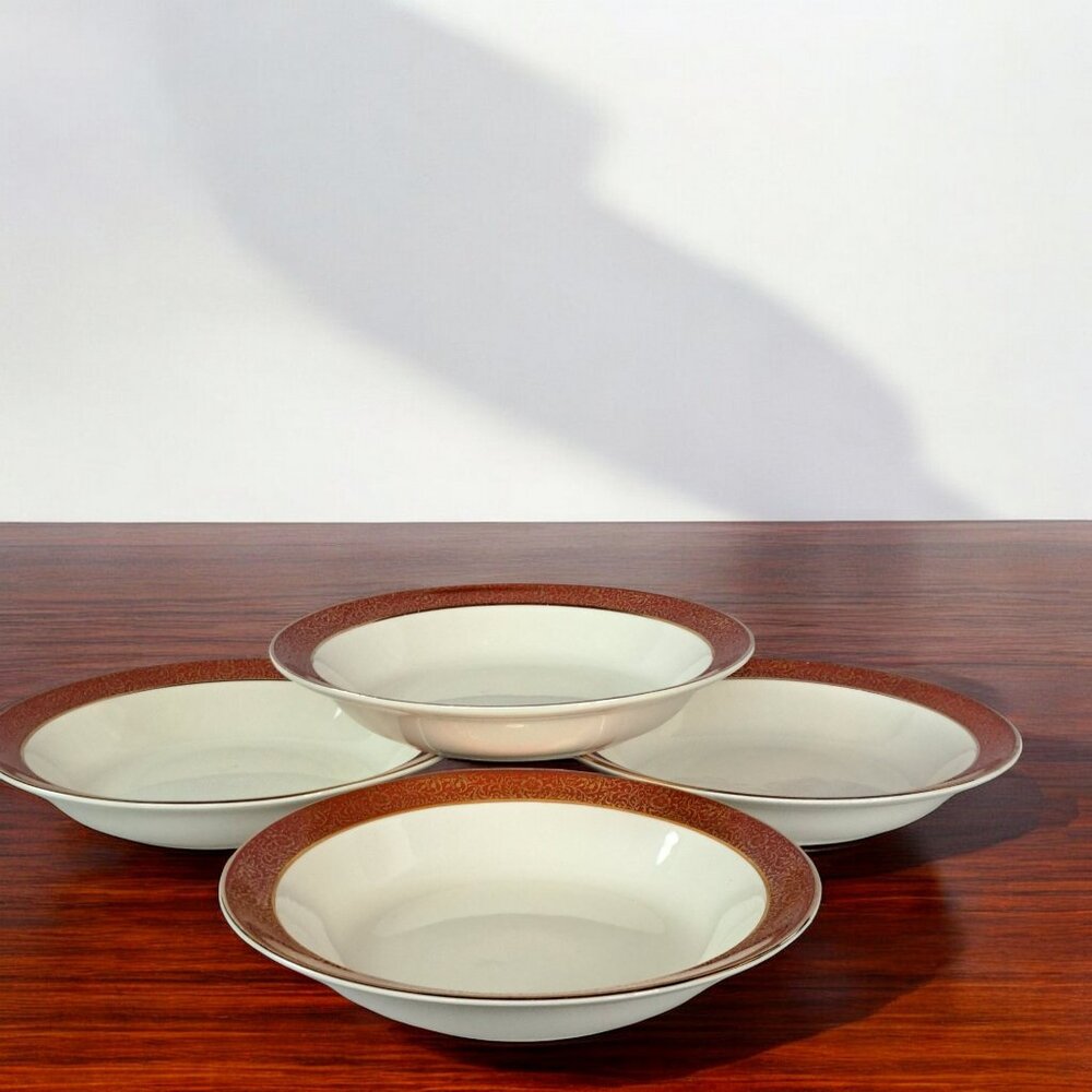 Set of Four Taylor Smith Rimmed Soup Bowl 8" burgundy and gold trim